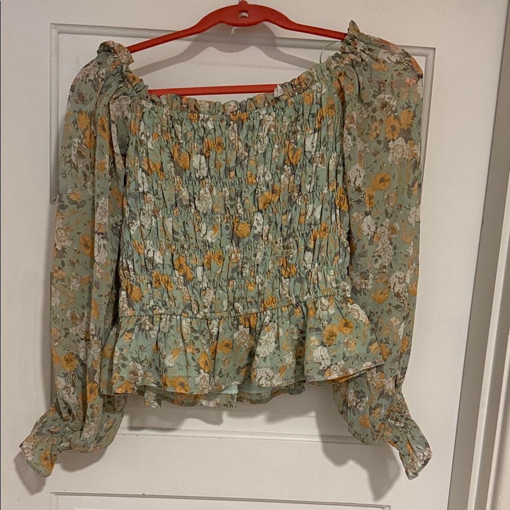 Entro Green and Yellow Floral Smocked Blouse